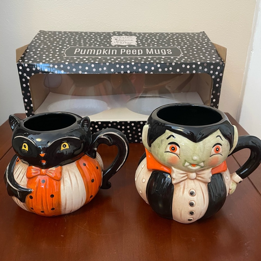 NIB JOHANNA PARKER PUMPKIN PEEPS BAT & VAMPIRE MUGS Cups Halloween Holiday Tea